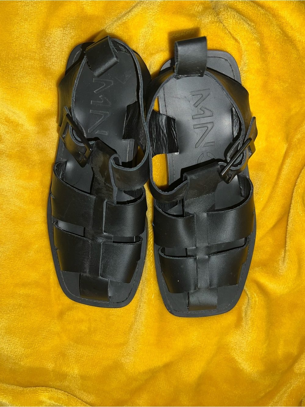 Mango Black Strappy Leather Fisherman Sandals